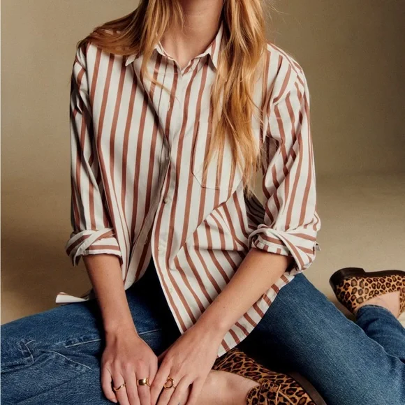 NWOT Sezane Bilma Shirts in Camel Stripe 34 - Picture 1 of 3